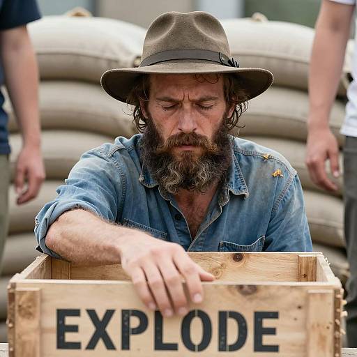 Intense Focus: Bearded Man and Explosive Crate