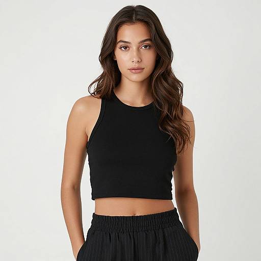 Photograph of a young woman with long, wavy brown hair, wearing a black sleeveless crop top and high-waisted black skirt, standing