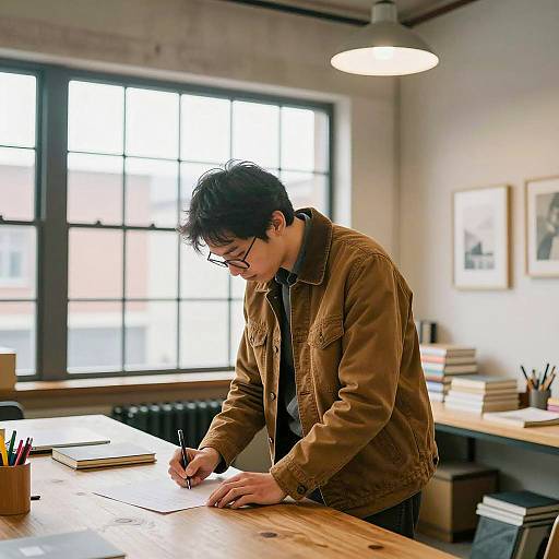 Man Writing at Wooden Table in Casual Workspace