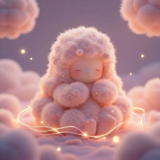 Digital art of a serene, pink, fluffy-dressed doll with closed eyes, surrounded by glowing lights and soft clouds at dusk.