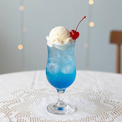 Blue Cocktail Glass on Lace Tablecloth