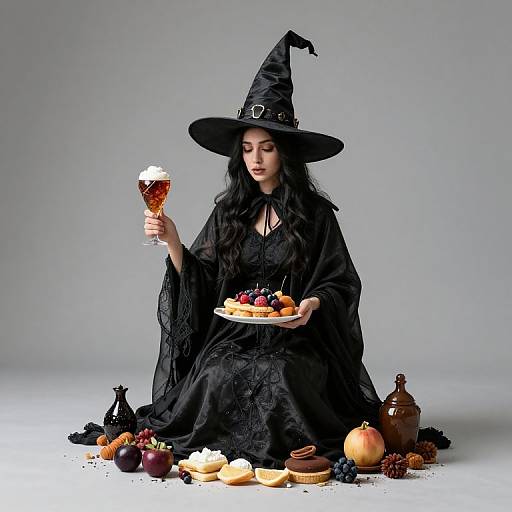 Photograph of a dark-haired woman in a black witch hat and dress, holding a glass of beer and a plate of fruit, surrounded by autumnal