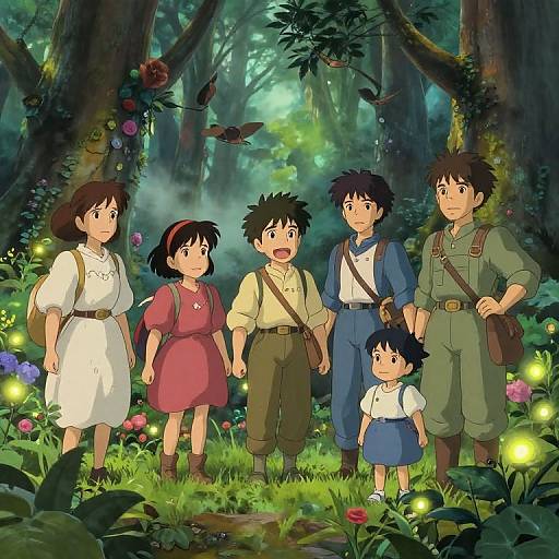 Anime-style forest scene with five characters: two women, two men, and a child, standing among glowing fireflies, colorful flowers, and dense trees
