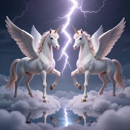 Digital artwork of two white winged unicorns with golden horns, standing on clouds, facing each other against a dark sky with bright lightning.