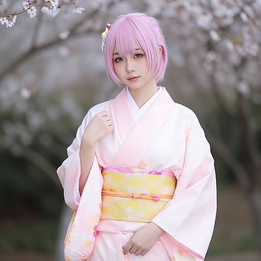 Digital artwork of an Asian woman with pink bob haircut, wearing a white kimono with yellow obi, standing in a cherry blossom garden.
