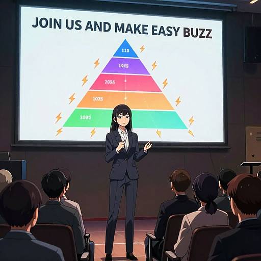 Anime-style digital illustration: Female presenter in black suit stands before audience, presenting colorful 