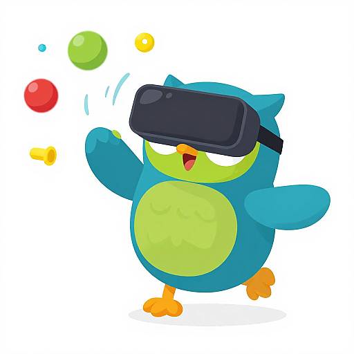 Cartoon blue owl with green belly, orange feet, wearing black VR headset, joyfully juggling red, green, and yellow balls.
