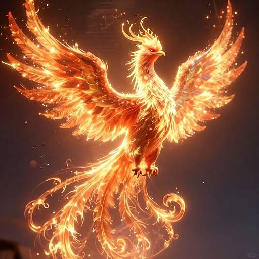 Photograph of a fiery phoenix in mid-flight, its wings and tail ablaze with vibrant orange and yellow flames against a dark, night sky.