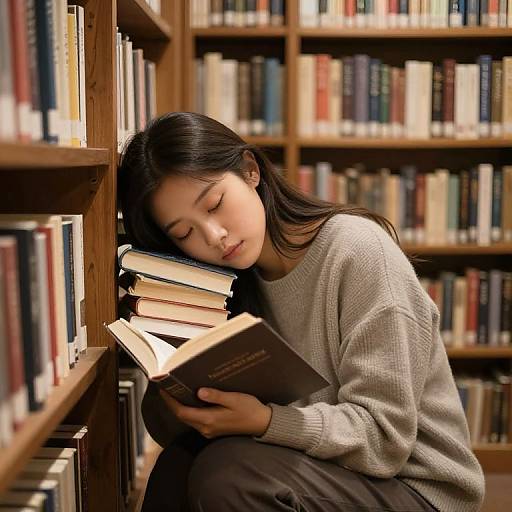 Asian woman with long black hair, wearing a gray sweater, asleep against bookshelf, reading a book, surrounded by colorful books.