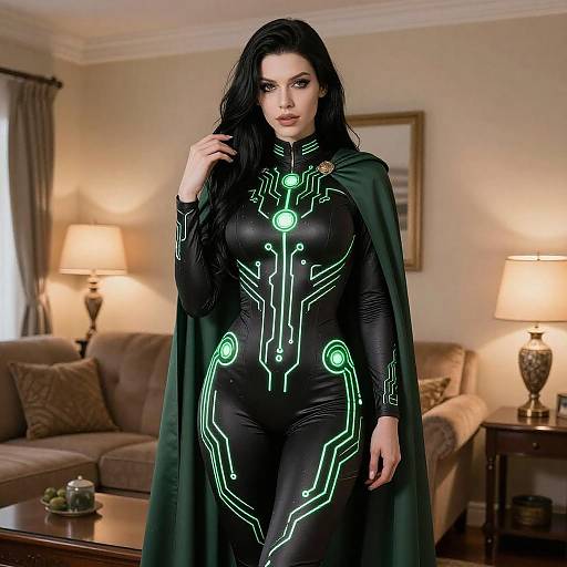Futuristic Woman in Green Circuit Bodysuit