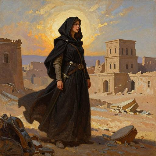 Digital painting of a solemn, veiled woman in a black robe standing in a sunlit, ruined desert town with ancient buildings. Sun halo behind her