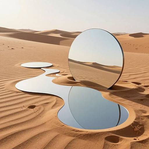 Photograph of a circular mirror reflecting a desert landscape, placed in a sandy dune with rippled textures and a small puddle.