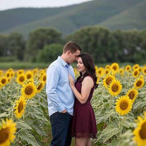 Photograph of a couple standing in a sunflower field, the man in a light blue shirt and dark jeans, the woman in a maroon dress