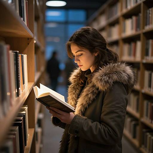 Photograph of a young woman with long brown hair, wearing a fur-trimmed black coat, intently reading a book in a dimly lit