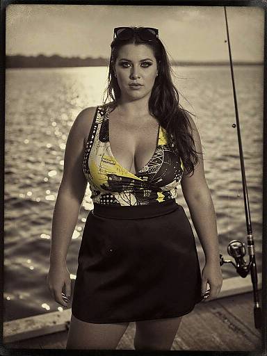 Photograph of a curvy woman with long dark hair, wearing a low-cut, yellow and black patterned top, and black skirt, standing on
