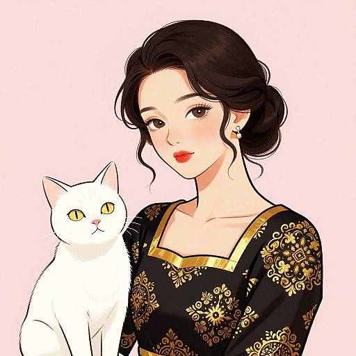 Digital illustration of an East Asian woman with black hair in an updo, wearing a black floral dress, and a white cat with yellow eyes, against