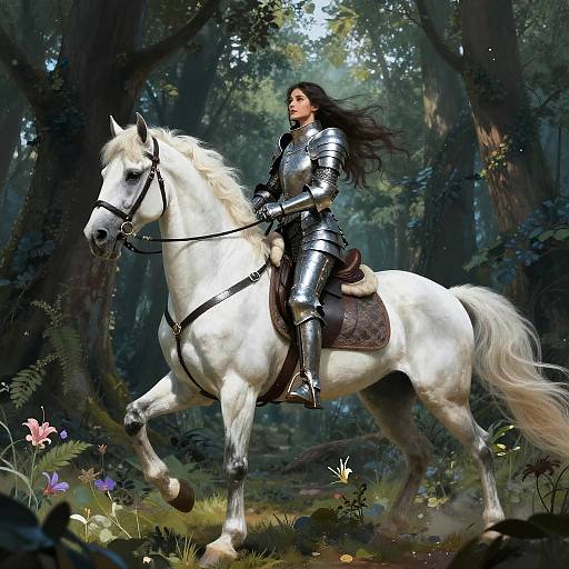 Elegant Female Knight in Enchanted Forest