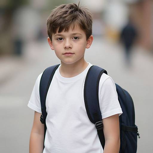 Photograph of a young boy with short brown hair, wearing a white t-shirt and black backpack, standing on a blurred urban street.