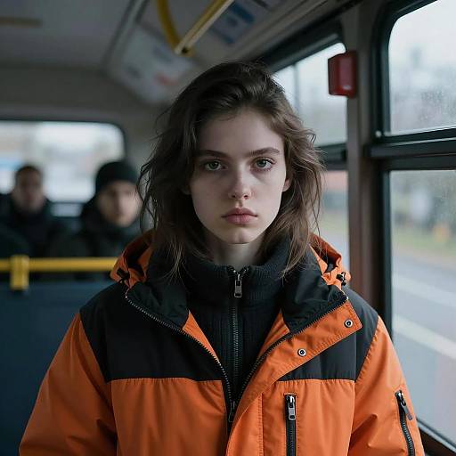 Pensive Woman on a Dimly Lit Bus
