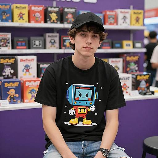 Young man in graphic tee at gaming convention