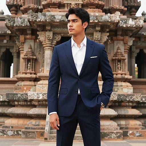 Elegant Man Posing by Historic Temple