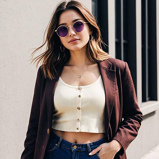 Photograph of a young woman with light brown hair, wearing round purple sunglasses, a white ribbed crop top, dark blazer, and blue jeans