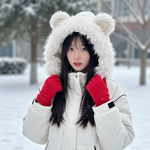 Photograph of an East Asian woman with long black hair, wearing a white furry bear hoodie, red gloves, and standing in a snowy park. Background