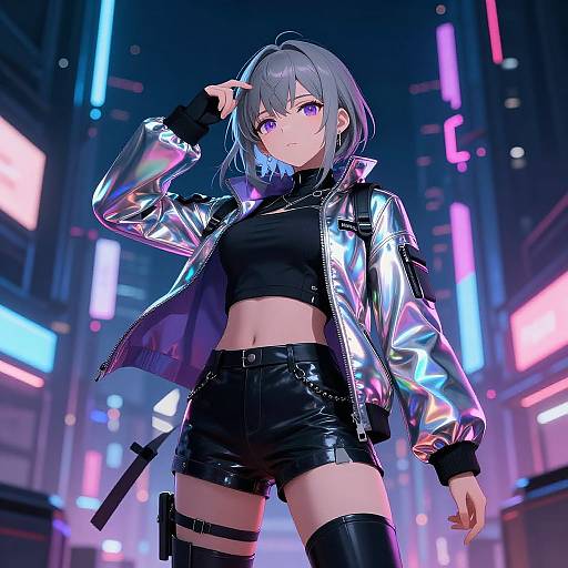 Digital anime-style artwork of a silver-haired woman with purple eyes, wearing a shiny silver jacket, black crop top, and shorts, standing confidently in a