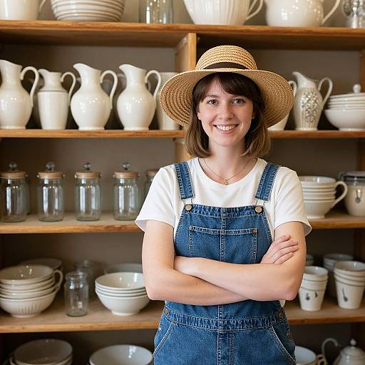 Photograph of a smiling woman with brown hair, wearing a straw hat, white shirt, and denim overalls, standing in a pottery shop with wooden