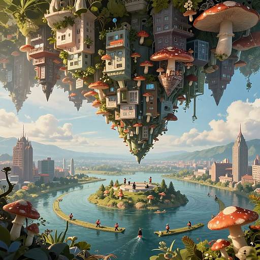 Futuristic, fantasy cityscape with floating houses, giant mushrooms, and a winding river, populated by tiny figures in vibrant, detailed CGI art.
