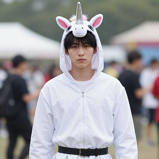 Photograph of a young Asian man in a white unicorn costume hood with pink ears, standing in a blurred outdoor event.