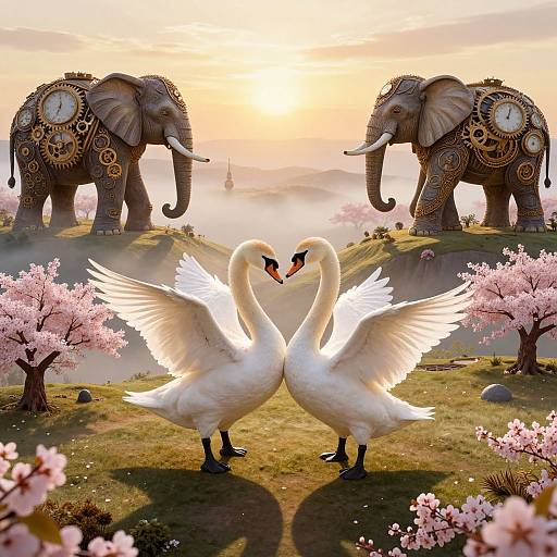 Fantastical digital artwork of two white swans with wings spread, facing each other, flanked by two steampunk elephants, cherry blossoms