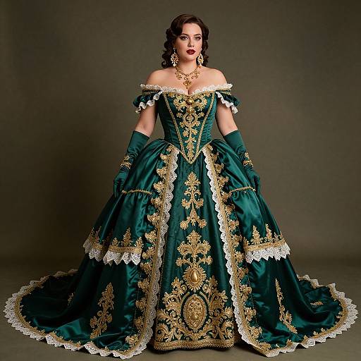 Photograph of a dark-haired woman in an elaborate off-shoulder, emerald green, gold-embroidered ball gown with lace trim,
