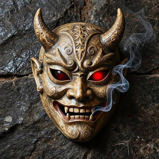 Photograph of a gold, ornate demon mask with red glowing eyes, sharp teeth, and horns, emitting smoke, against a dark, rocky background