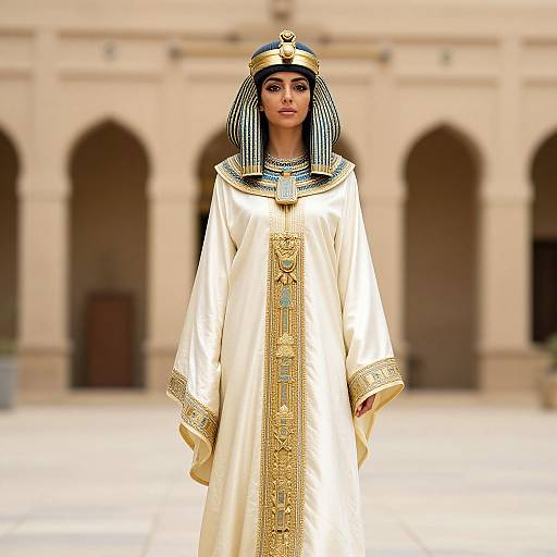 Photograph of a woman in an ancient Egyptian headdress and white, gold-embroidered robe, standing in front of a beige, arched
