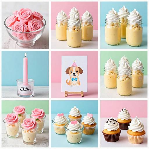 Colorful collage of dessert-themed images: pink roses, yogurt parfaits, cupcakes with swirls, candle, dog cake topper, and cup