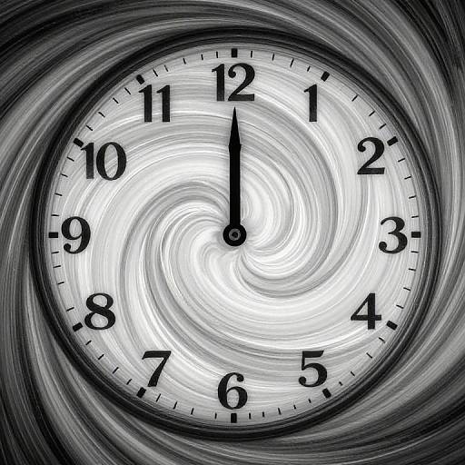 Digital art: Whirling clock face with black numbers 1-12, black hands pointing at 12, spiral pattern in gray and white.