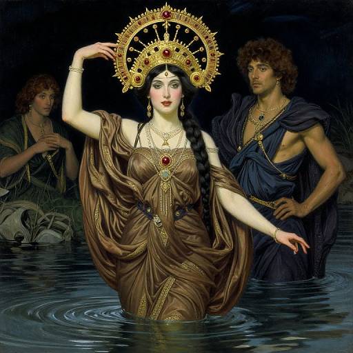 Digital painting of a pale-skinned queen with black hair, gold crown, brown dress, and red gem, surrounded by two muscular, curly-haired men