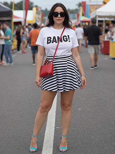 Photograph of a confident woman with long black hair, wearing black-and-white striped skirt, white 