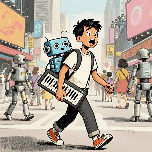 Android Musician in Vibrant Cityscape