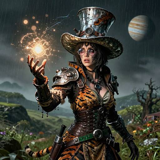 Digital artwork of a steampunk tiger-woman in a top hat, raining, casting a magical glow in a fantasy landscape. Planets visible.