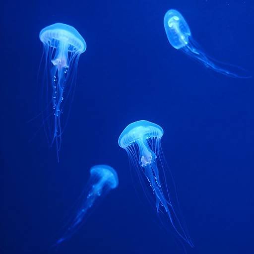 Photograph of four glowing blue jellyfish with translucent bodies and long, delicate tentacles, floating against a dark blue underwater backdrop.