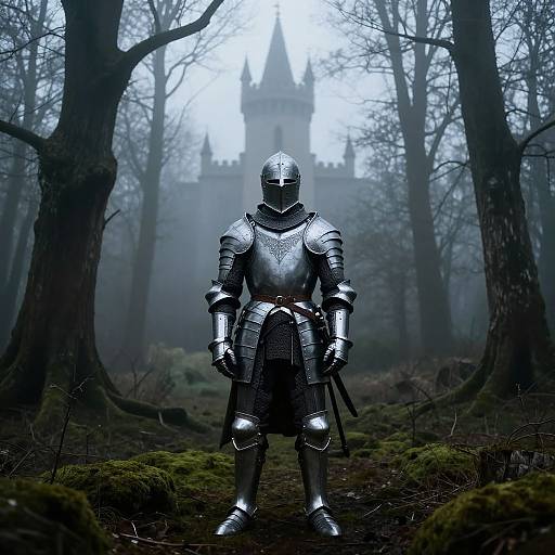 Photorealistic image of a medieval knight in silver armor, standing in a foggy forest, with a distant castle tower visible behind.