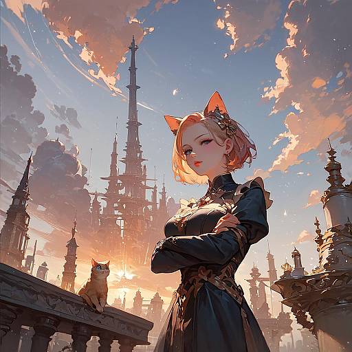 Anime Girl with Cat Ears at Sunset