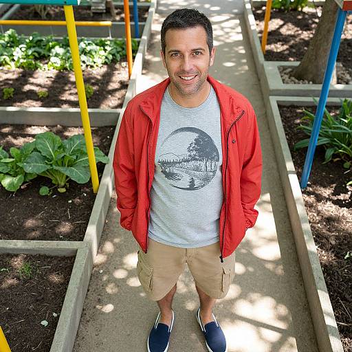 Photograph of a smiling man with short black hair, wearing a red jacket, gray shirt, beige shorts, and blue shoes, standing in a colorful