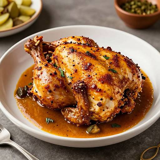 Photograph of a roasted chicken with crispy skin, herbs, and gravy on a white plate, surrounded by bowls of pickles and green beans.