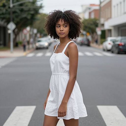 Photograph of a young Black girl with natural curly hair, wearing a white sleeveless lace dress, standing on a city street with blurred buildings and cars
