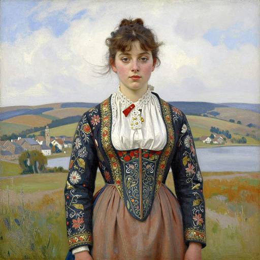 Realistic oil painting of a young woman in a traditional, floral-patterned black dress with white lace and red ribbon, standing in a picturesque, rural