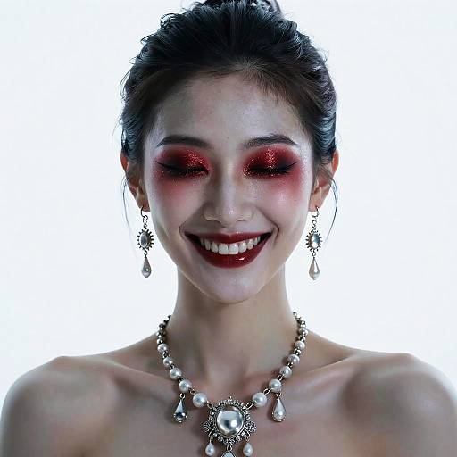 Photograph of a smiling woman with dark hair, red glittery eyeshadow, dark lipstick, pearl necklace, and earrings against a white background.