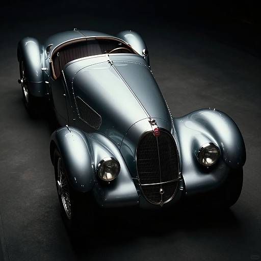 Photograph of a sleek, silver vintage sports car with shiny, reflective surfaces and bright headlights, positioned against a dark background.